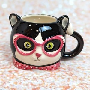 Hand Painted 3D Kitty Cat Glasses Black & White Mug Coffee Cup